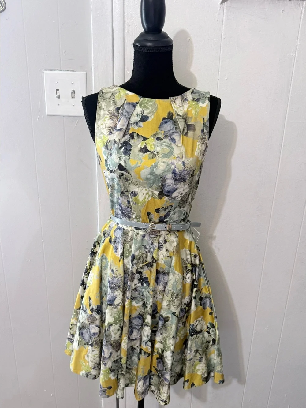 Yellow Floral Fit-and-Flare Mini Dress with Belt